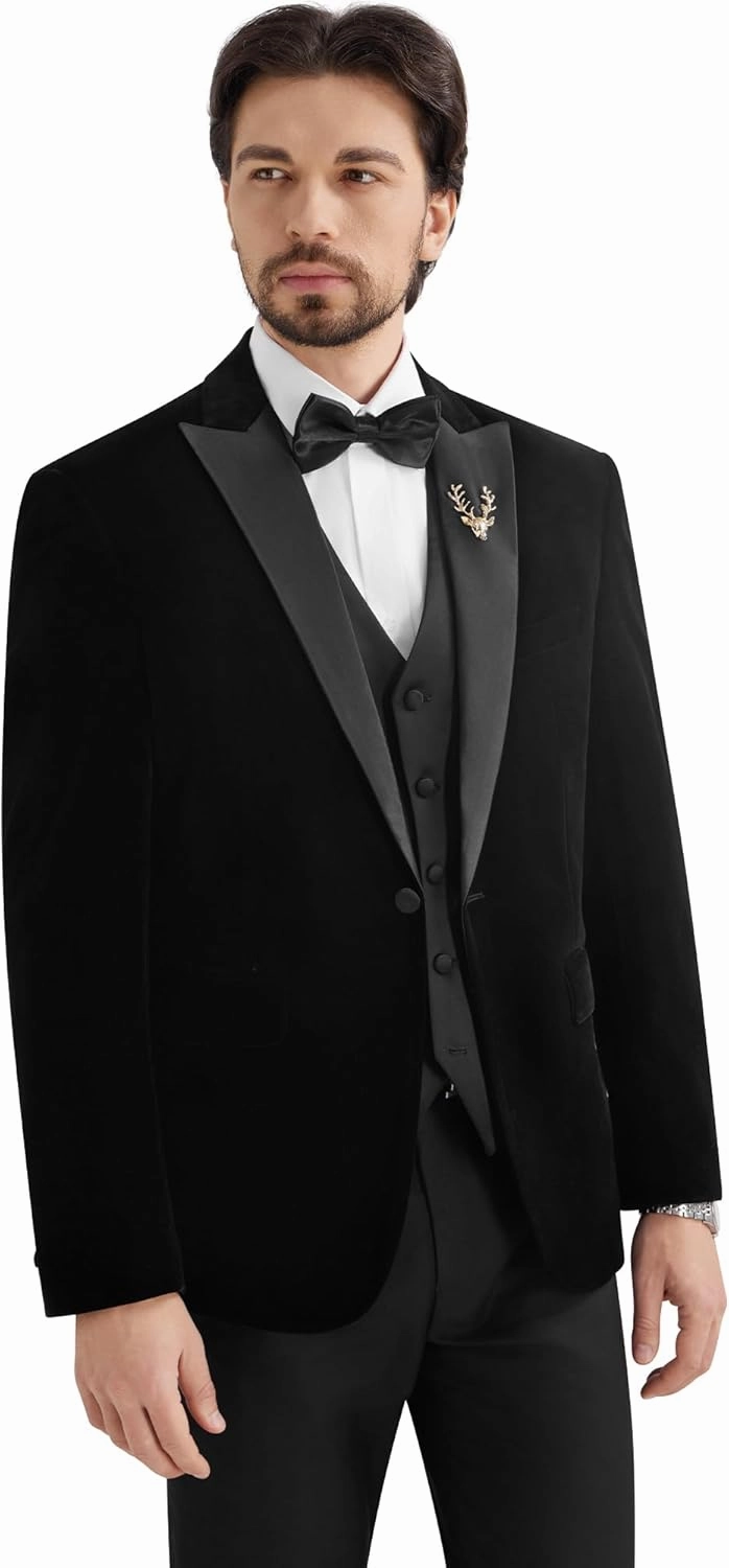 MAGE MALE Mens Velvet Suits Slim Fit Peak Lapel Tuxedo 3 Piece One Button Prom Party Banquet Blazer Vest Pants Set
