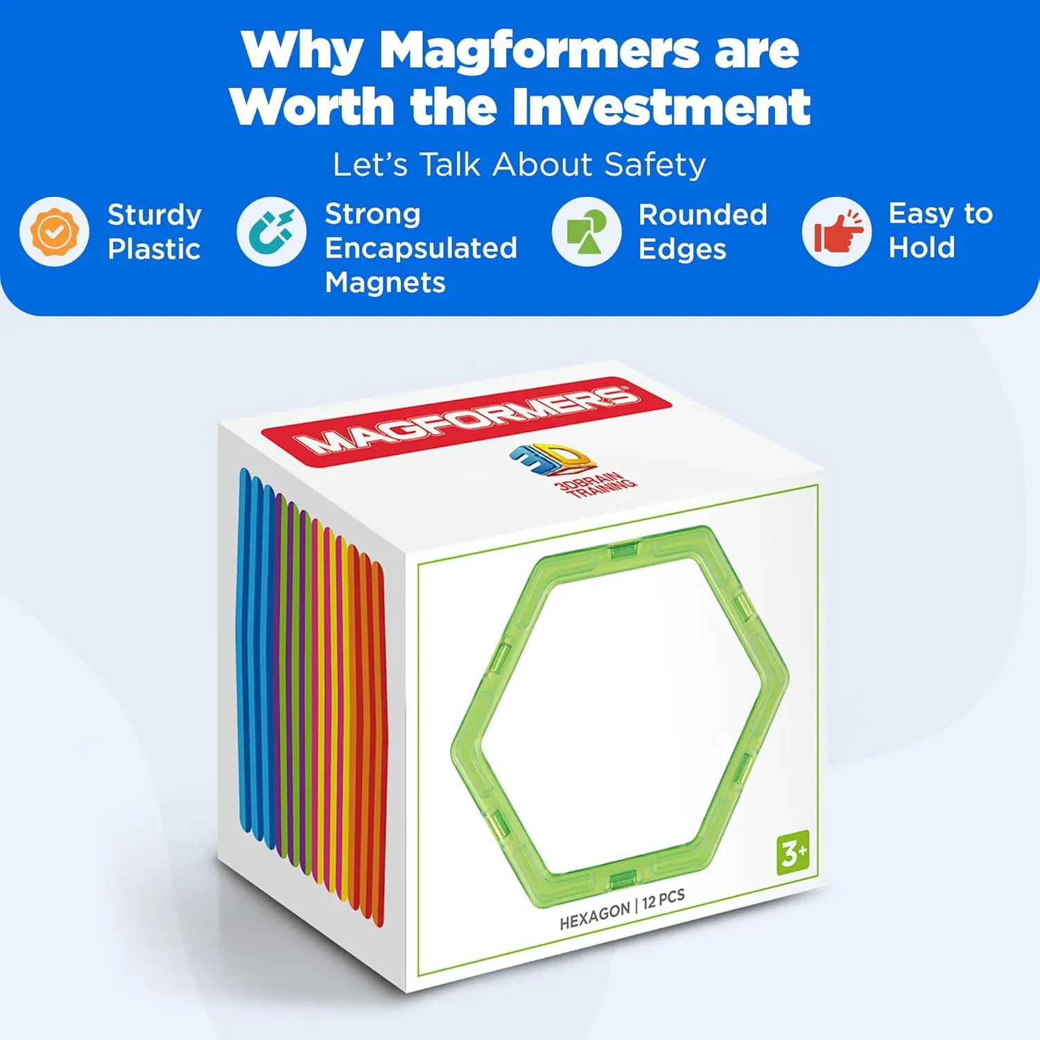 Magformers Hexagon 12 Pieces Rainbow Colors, Educational Magnetic Geometric Shapes Tiles Building STEM Toy Set Ages 3 