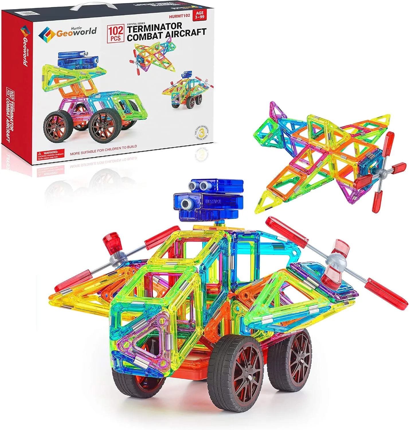 Magnetic Building Blocks for Kids - Preschool Learning Toys Shapes Block Educational Magnet Tiles Kids Toy Set w/car Accessories - Safe Magnetic Blocks for 3 Year Old & Up - Hurtle HURMT102 (102 pcs)