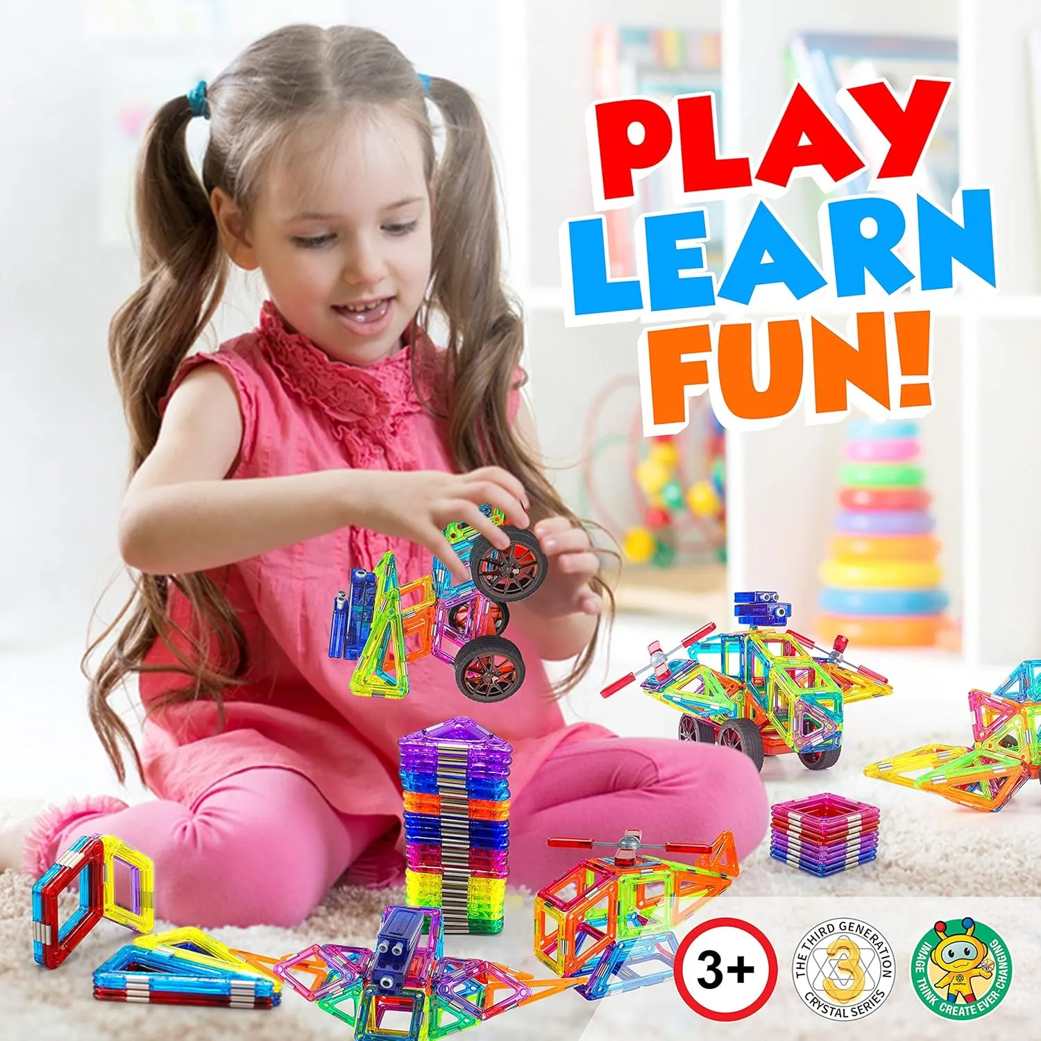 Magnetic Building Blocks for Kids - Preschool Learning Toys Shapes Block Educational Magnet Tiles Kids Toy Set w/car Accessories - Safe Magnetic Blocks for 3 Year Old & Up - Hurtle HURMT102 (102 pcs)