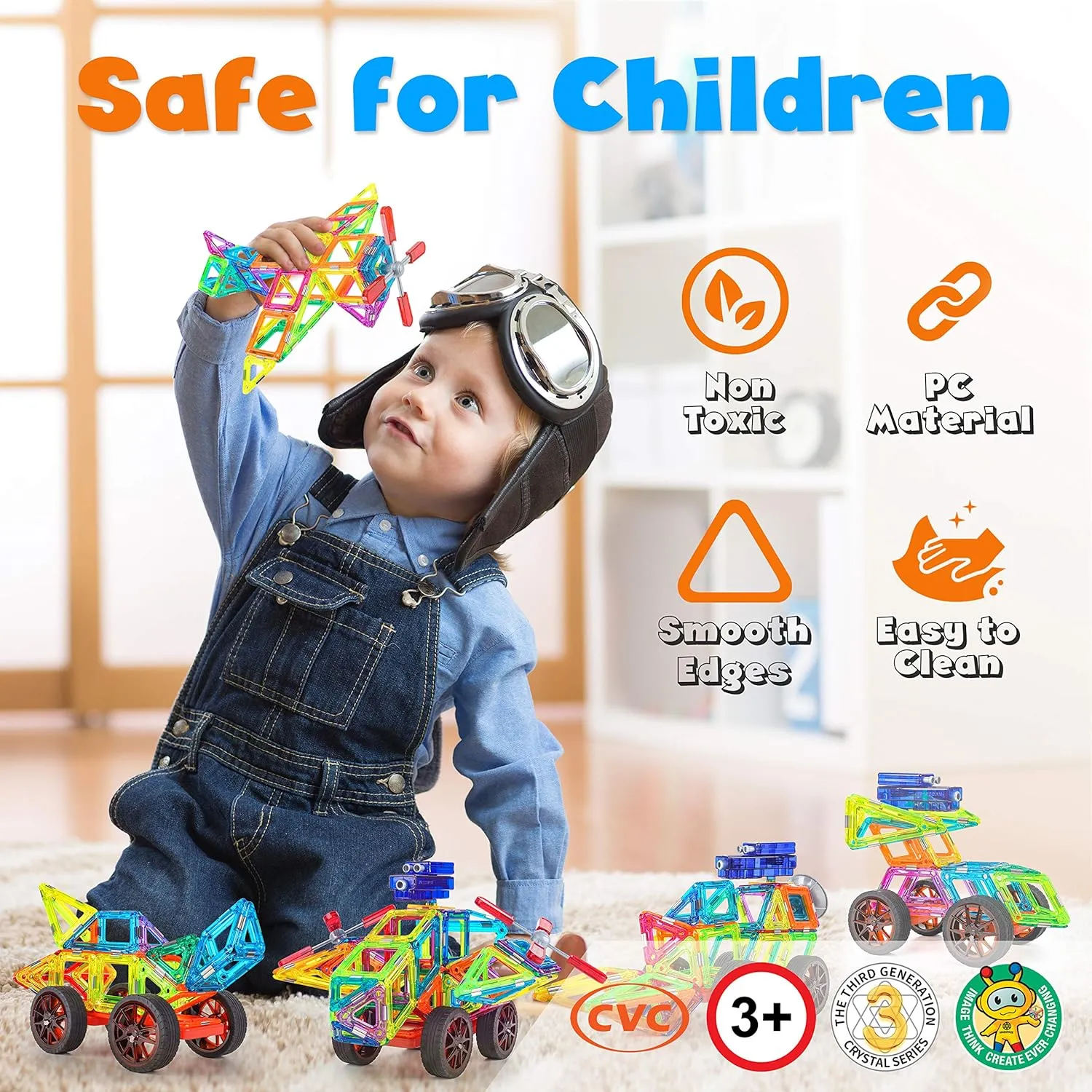 Magnetic Building Blocks for Kids - Preschool Learning Toys Shapes Block Educational Magnet Tiles Kids Toy Set w/car Accessories - Safe Magnetic Blocks for 3 Year Old & Up - Hurtle HURMT102 (102 pcs)