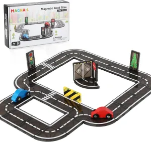 Magnetic Road Tiles 32-Piece Set – Educational Toy with Roads, Cars – STEM Building Toy for Kids Ages 3 , Safe & Durable Construction Kit – Creative Play for Toddlers