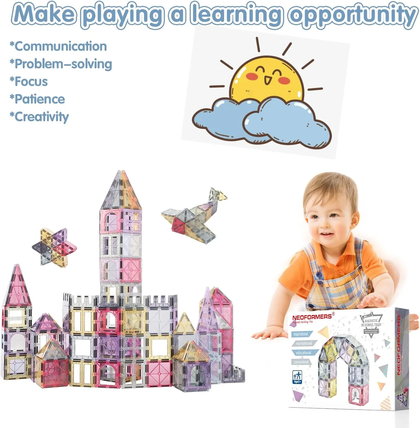 Magnetic Tiles 40pcs Magnet 3D Building Tiles Kids Toys for 3-8  Years Old Boys & Girls - STEM Educational Learning Magnetic Blocks Toy Set