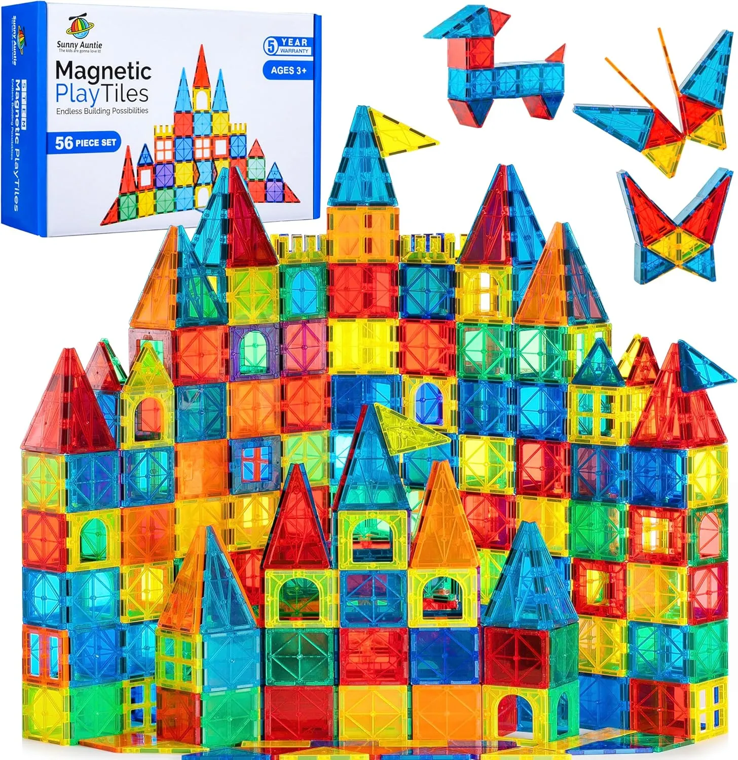 Magnetic Tiles 56 PCS, Magnetic Tiles for Kids & Toddlers Ages 3-8, Magnet Toy for 3 4 5 6 7 8 Year Old Boys Girls Kids & Toddlers, Magnet Blocks Building Set STEM Toy, Great Gift for Kids aged 3-8