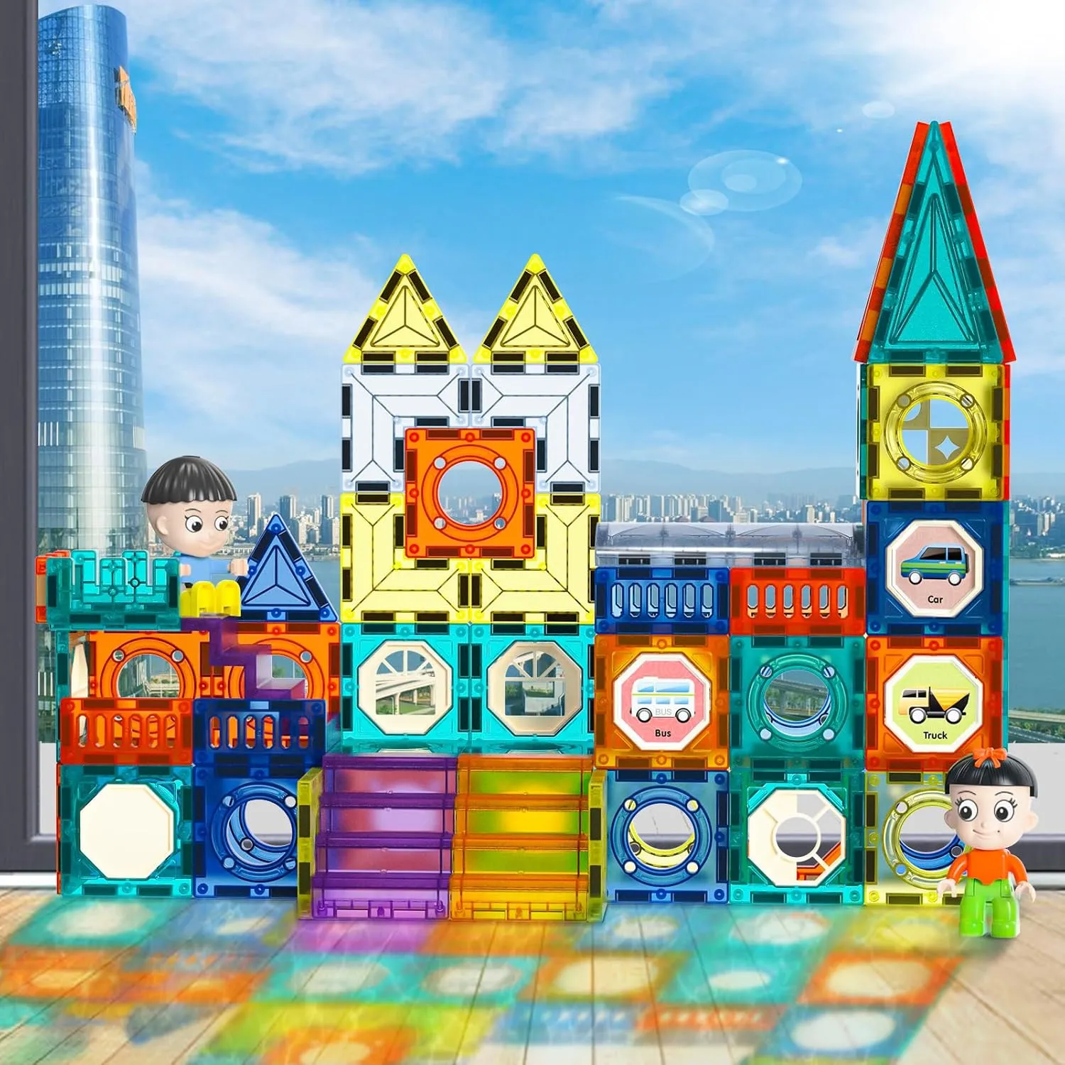 Magnetic Tiles Building Blocks 139 Pcs Include 2 Cars and 2 Figures for Kids Ages 3-12, Magnetic Blocks Magnet Tiles for Toddlers, STEM Toys Birthday Gift for Boys & Girls