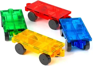Magnetic Tiles Cars Construction Set - 4 PCS Magnetic Tiles Magnet Bricks Truck Sensory Toys, Educational Magnet Cars Set Building Blocks for 3 4 5 6 7 8  Year Old Girls Boys (Blue Set)