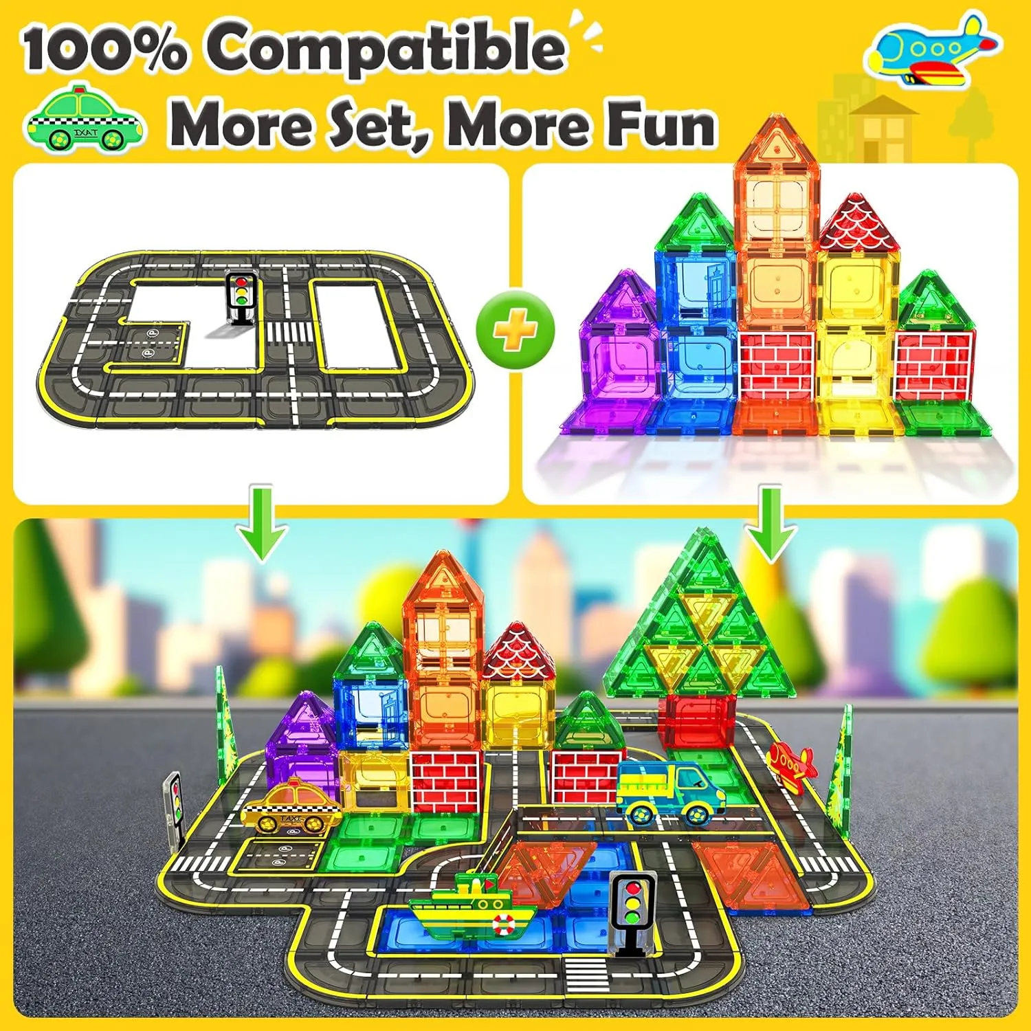 Magnetic Tiles City Road with Cars Kids Toys for Ages 5-7 3-5 4-8, STEM Magnetic Blocks Building Toddler Toys, Creative Gifts Sensory Toy for 3  Year Old Boys and Girls