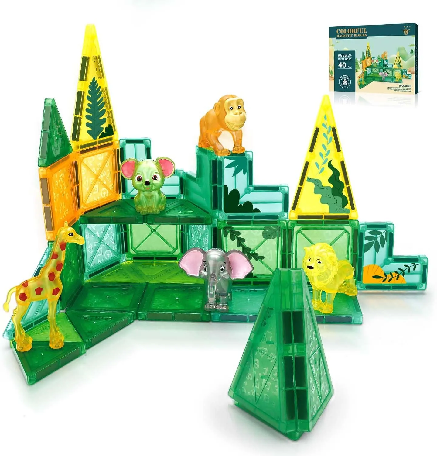 Magnetic Tiles Construction Set, Magnetic Disc STEM Sensory Educational Games Toys Preschool Building Stacking Block Learning Toys Gift for Toddler Age 3  Boys Girls Kids 40pcs Animal Forest