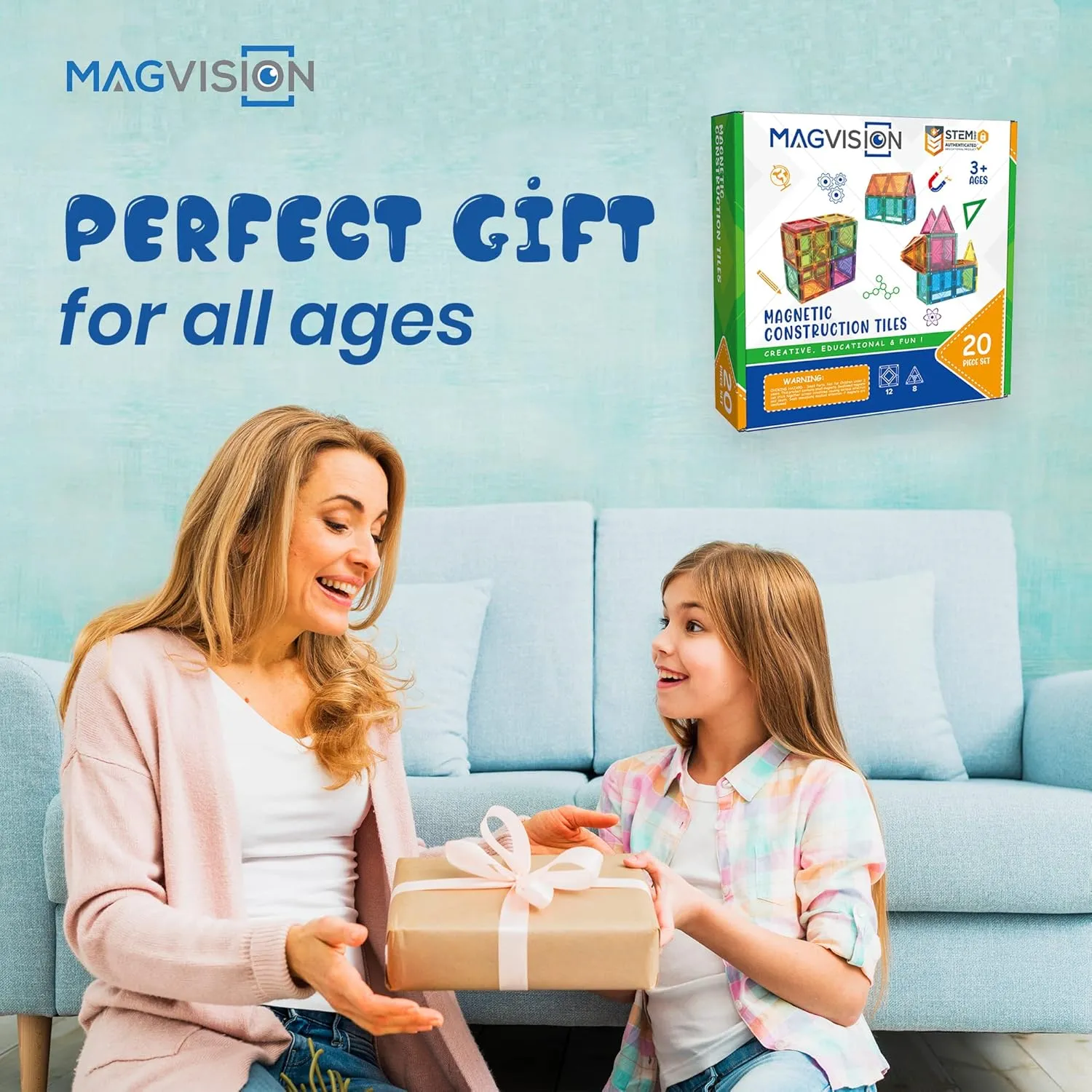 MagVision 20-Piece Magnetic Building Tiles Set, Stem Magnetic Building Blocks, Extra Strong and Safe Magnets, Stem Toys, Magnetic Blocks, Educational Toys for Children Ages 3  Years