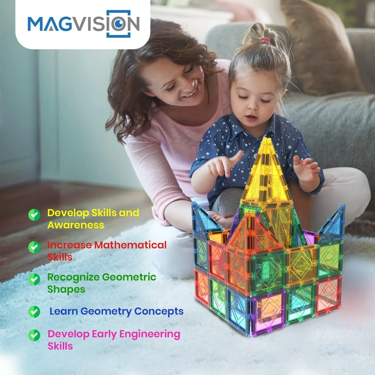 MagVision 20-Piece Magnetic Building Tiles Set, Stem Magnetic Building Blocks, Extra Strong and Safe Magnets, Stem Toys, Magnetic Blocks, Educational Toys for Children Ages 3  Years