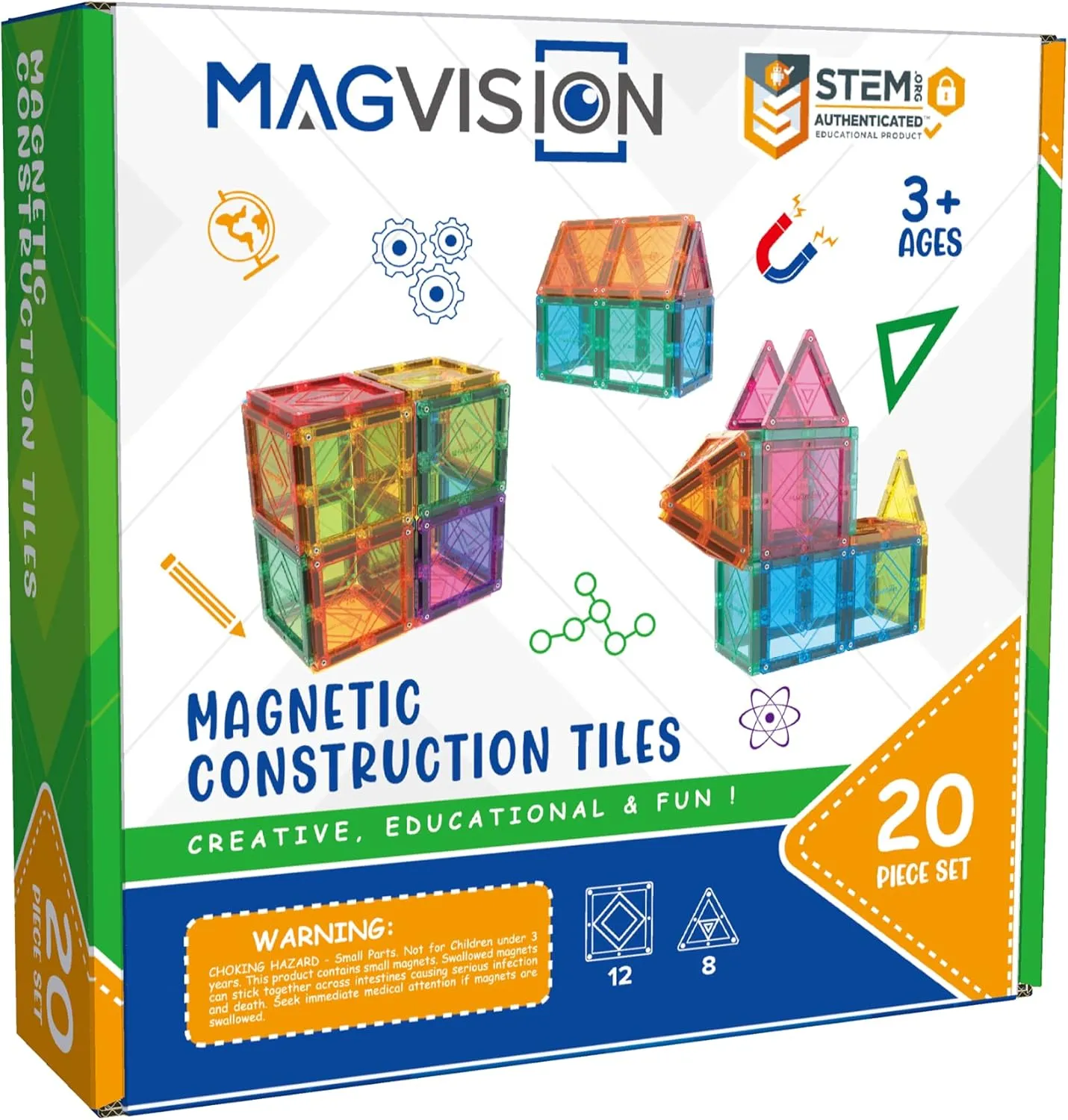 MagVision 20-Piece Magnetic Building Tiles Set, Stem Magnetic Building Blocks, Extra Strong and Safe Magnets, Stem Toys, Magnetic Blocks, Educational Toys for Children Ages 3  Years