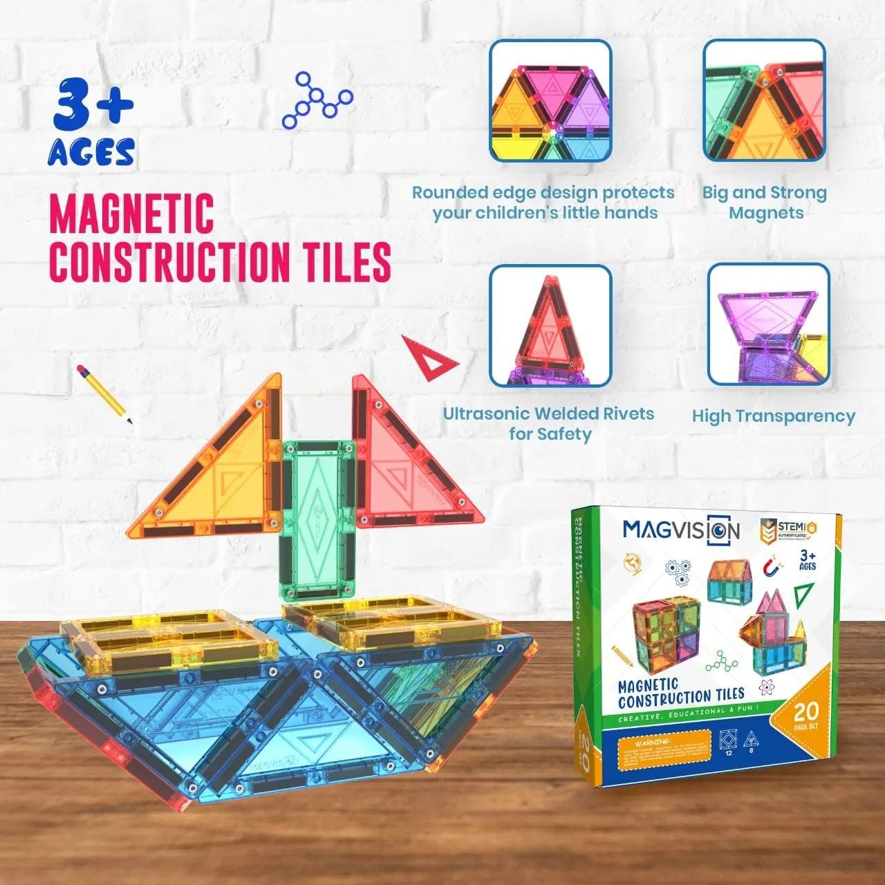 MagVision 20-Piece Magnetic Building Tiles Set, Stem Magnetic Building Blocks, Extra Strong and Safe Magnets, Stem Toys, Magnetic Blocks, Educational Toys for Children Ages 3  Years