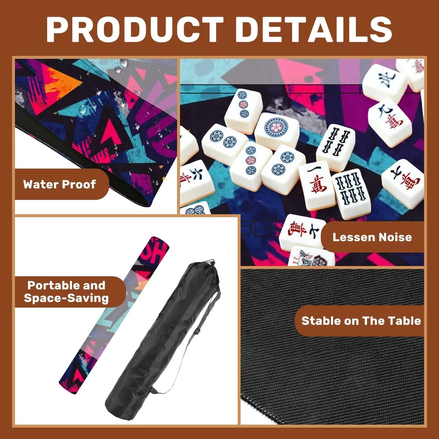 Mahjong Mat 31.5" x 31.5" Abstract Bright Graffiti Bricks Paint Drips Words Graffiti Style Non-Slip Noise Reduction Table Cover for Mahjong Dominoes Poker Card Board and Tile Games
