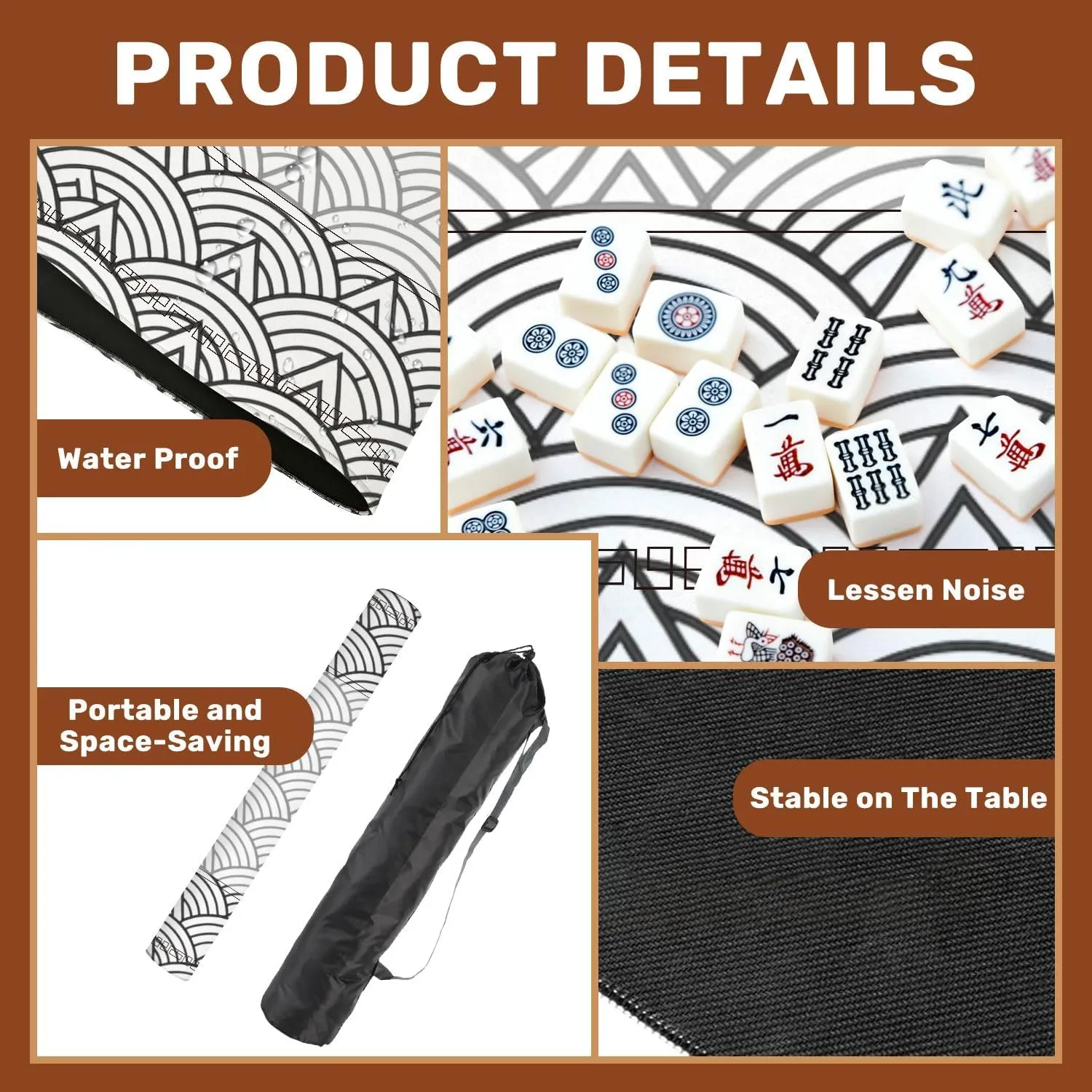 Mahjong Mat 31.5" x 31.5" Sea Ocean Waves Traditional Asian seigaiha Scallops Print Fish Squama Non-Slip Noise Reduction Table Cover for Mahjong Dominoes Poker Card Board and Tile Games