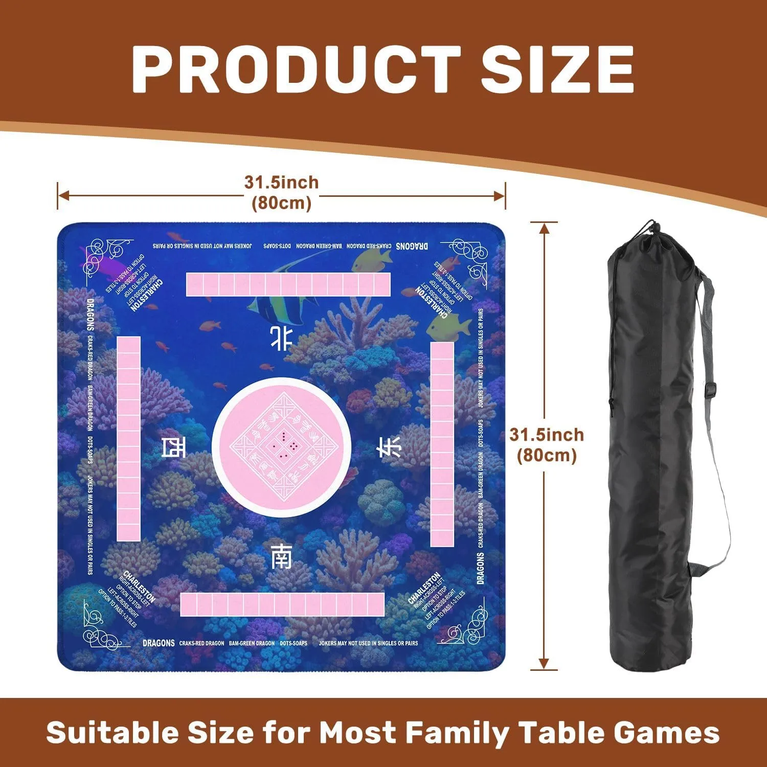 Mahjong Mat with Rules 31.5" x 31.5" Tropical Fish Non-Slip Noise Reduction Table Cover for Mahjong Dominoes Poker Card Board and Tile Games