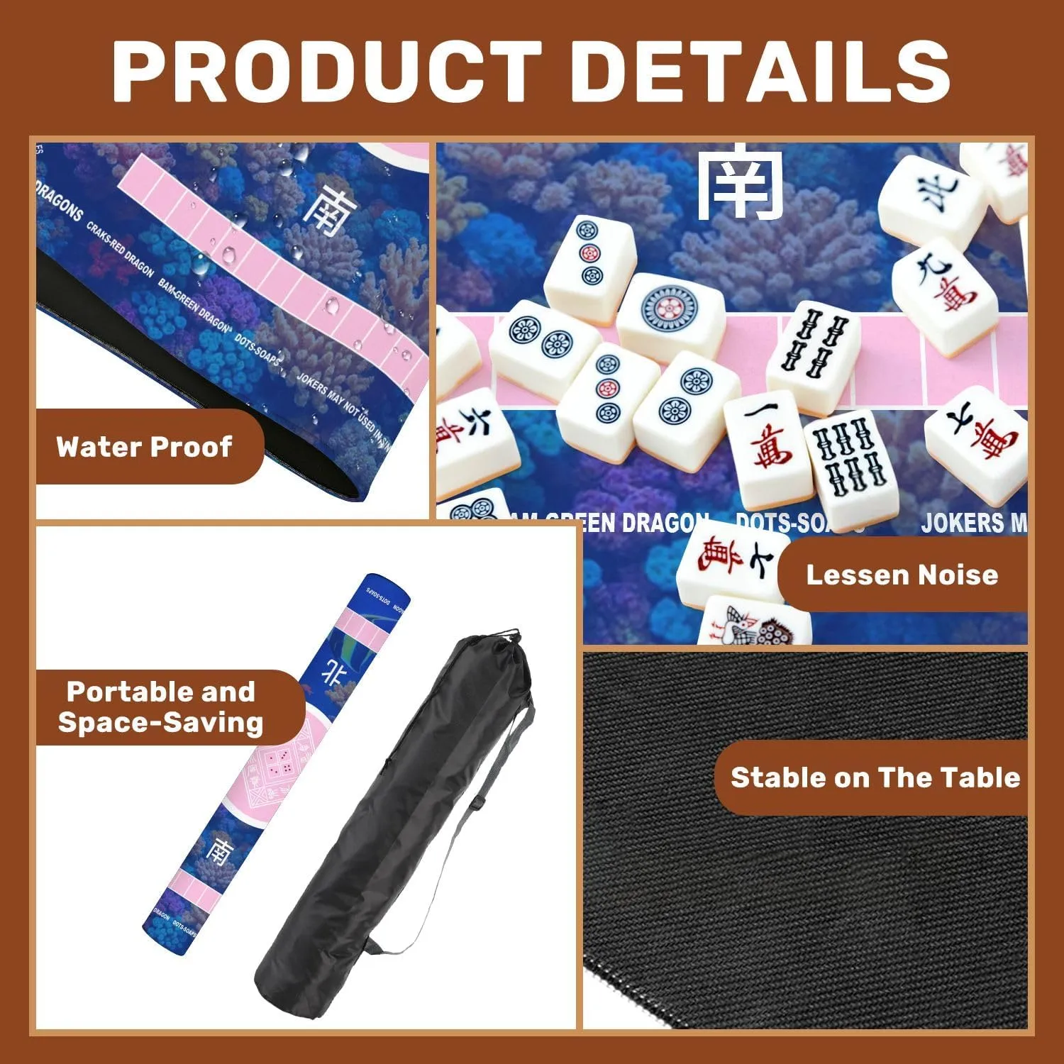 Mahjong Mat with Rules 31.5" x 31.5" Tropical Fish Non-Slip Noise Reduction Table Cover for Mahjong Dominoes Poker Card Board and Tile Games