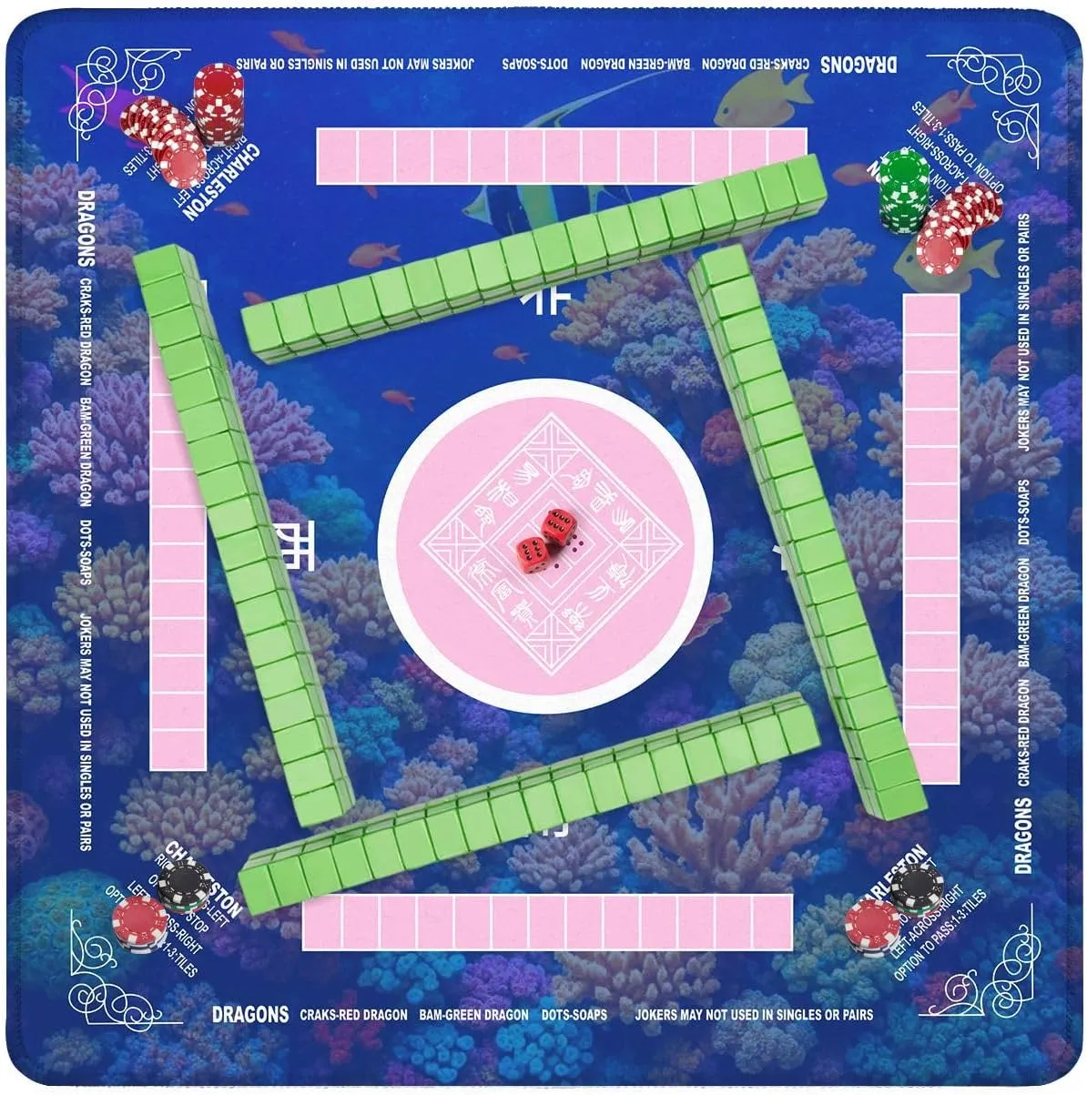 Mahjong Mat with Rules 31.5" x 31.5" Tropical Fish Non-Slip Noise Reduction Table Cover for Mahjong Dominoes Poker Card Board and Tile Games