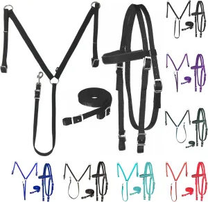 Majestic Ally Nylon Padded Equestrian Browband Headstall, Reins & BreastCollar Set for Horse- Full