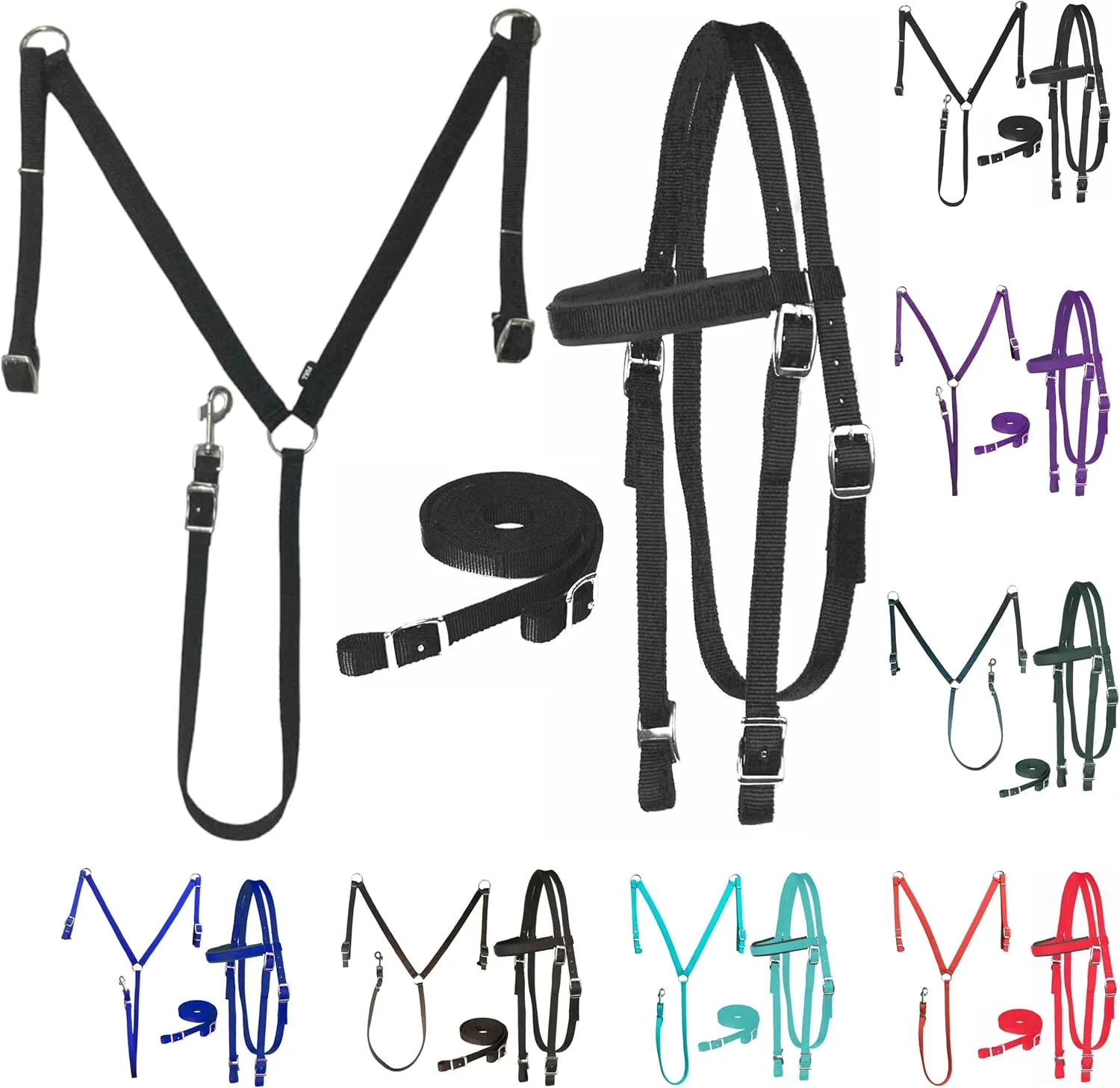 Majestic Ally Nylon Padded Equestrian Browband Headstall, Reins & BreastCollar Set for Horse- Full