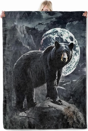Majestic Black Bear Blanket 50×60 Inch,Enchanting Wilderness Nature Scene Lightweight Flannel Throw with Full Moon and Mountain Backdrop,Stunning Wildlife Home Living Room Decor,Gifts for Adults