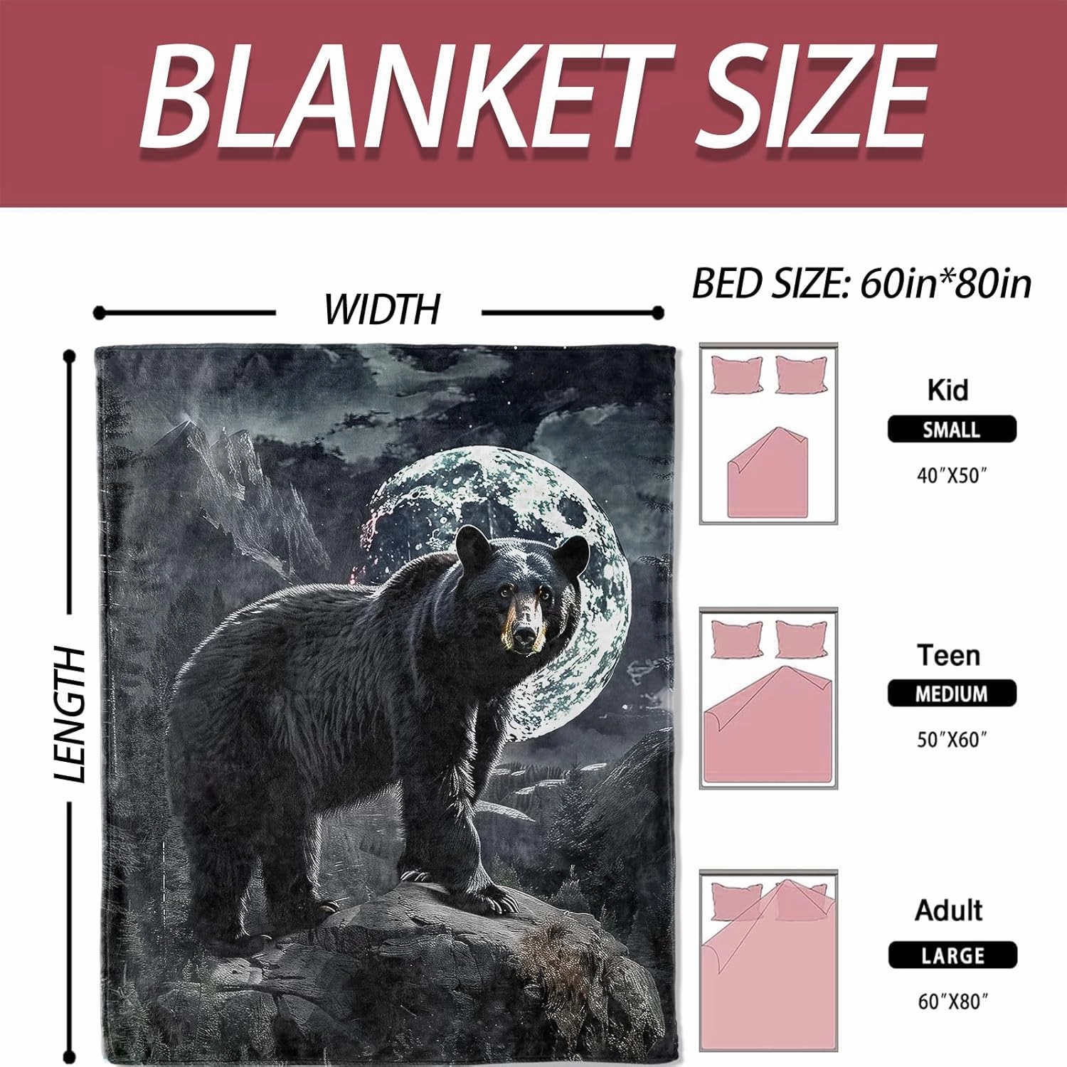Majestic Black Bear Blanket 50×60 Inch,Enchanting Wilderness Nature Scene Lightweight Flannel Throw with Full Moon and Mountain Backdrop,Stunning Wildlife Home Living Room Decor,Gifts for Adults