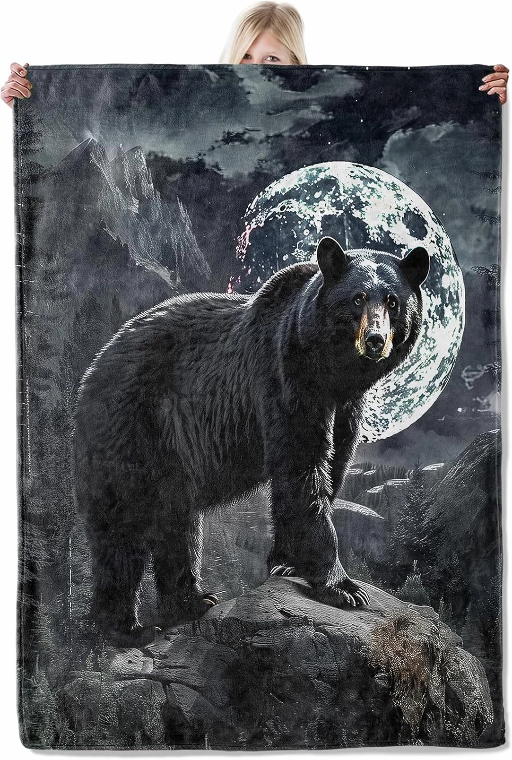 Majestic Black Bear Blanket 50×60 Inch,Enchanting Wilderness Nature Scene Lightweight Flannel Throw with Full Moon and Mountain Backdrop,Stunning Wildlife Home Living Room Decor,Gifts for Adults