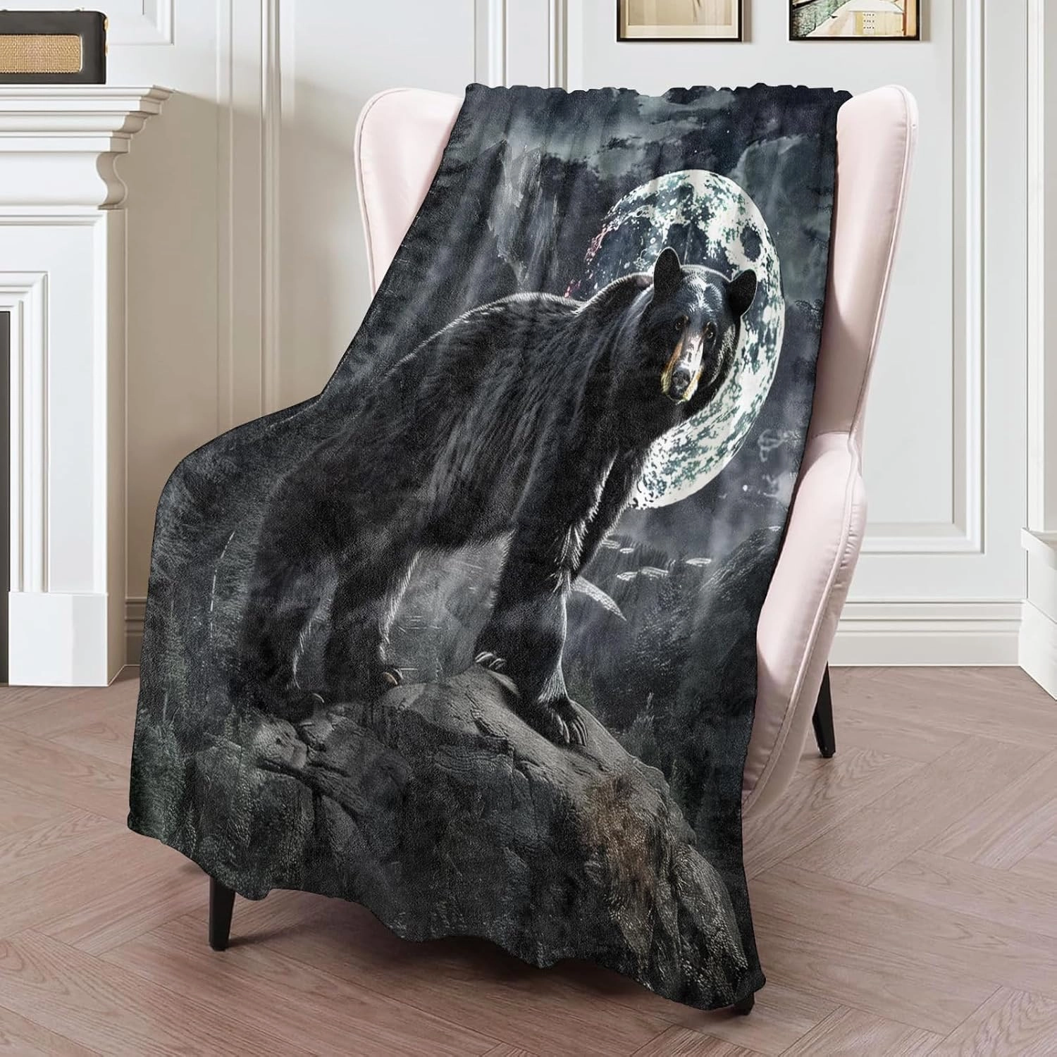 Majestic Black Bear Blanket 50×60 Inch,Enchanting Wilderness Nature Scene Lightweight Flannel Throw with Full Moon and Mountain Backdrop,Stunning Wildlife Home Living Room Decor,Gifts for Adults
