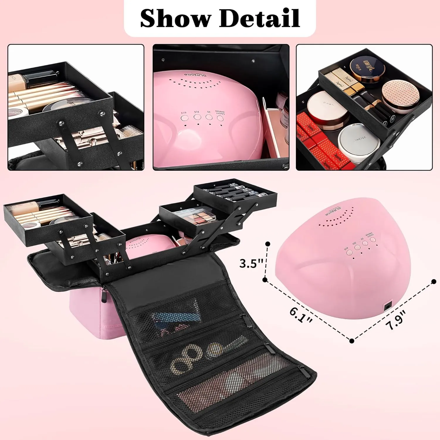 Makeup Travel Train Case, Black Makeup Carrying Organizer Bag, 4 Tier Professional Organizer Case with Straps Pockets for Make Up Nail Tools