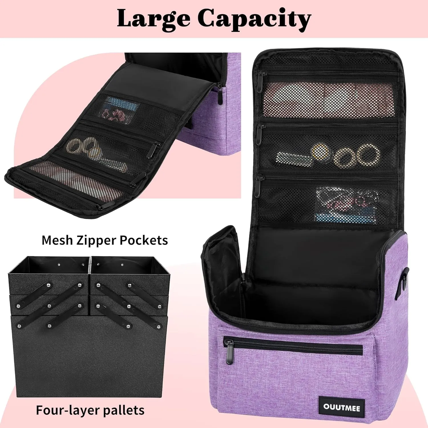 Makeup Travel Train Case, Black Makeup Carrying Organizer Bag, 4 Tier Professional Organizer Case with Straps Pockets for Make Up Nail Tools