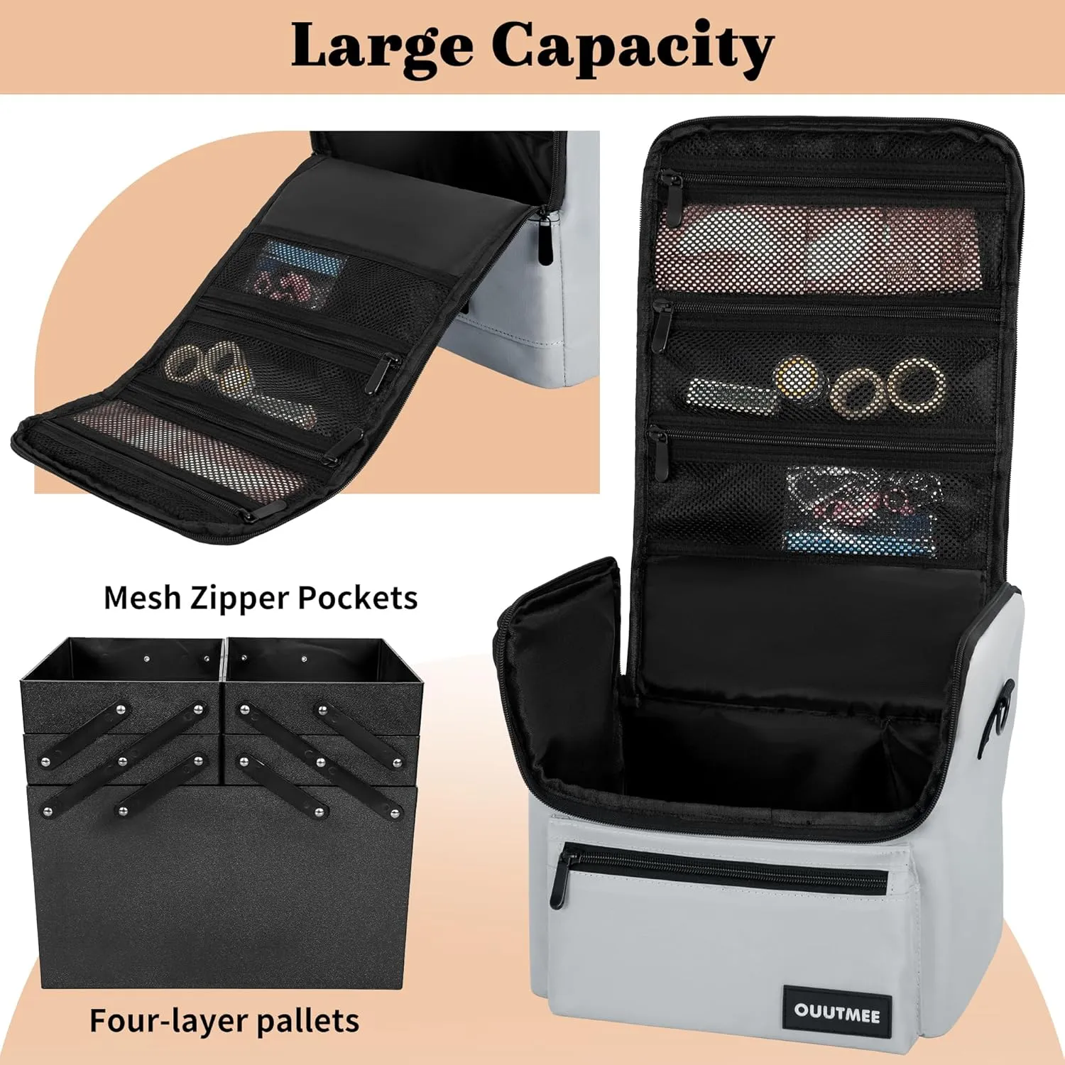 Makeup Travel Train Case, Black Makeup Carrying Organizer Bag, 4 Tier Professional Organizer Case with Straps Pockets for Make Up Nail Tools