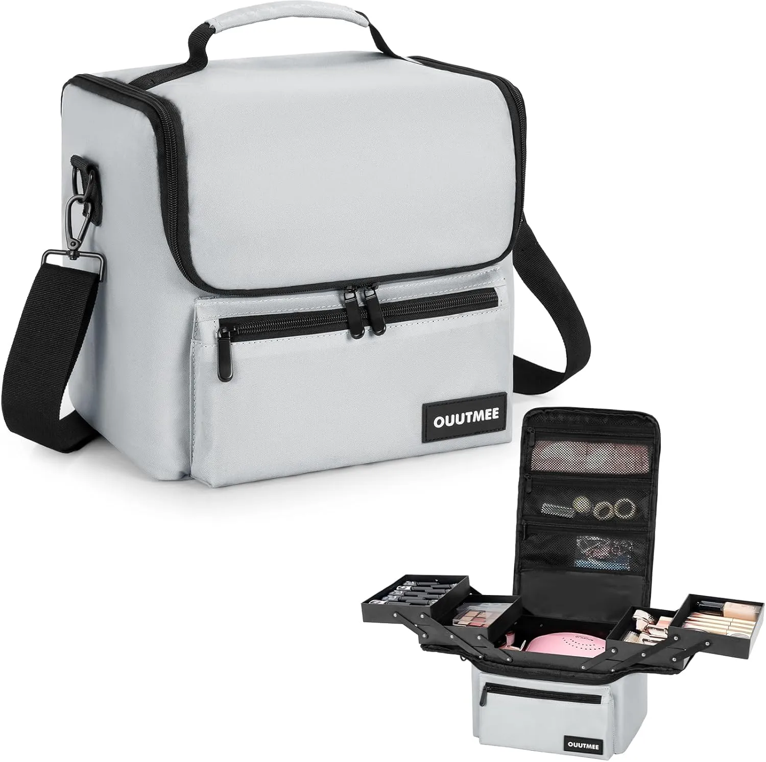 Makeup Travel Train Case, Black Makeup Carrying Organizer Bag, 4 Tier Professional Organizer Case with Straps Pockets for Make Up Nail Tools