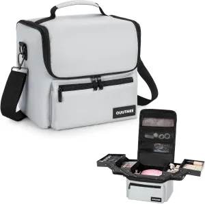 Makeup Travel Train Case, Black Makeup Carrying Organizer Bag, 4 Tier Professional Organizer Case with Straps Pockets for Make Up Nail Tools