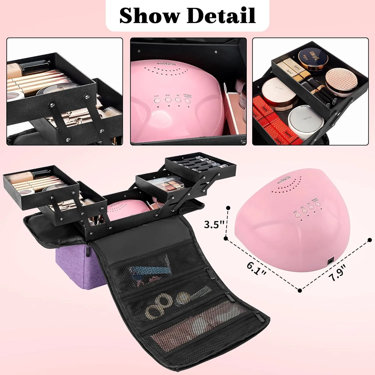 Makeup Travel Train Case, Black Makeup Carrying Organizer Bag, 4 Tier Professional Organizer Case with Straps Pockets for Make Up Nail Tools