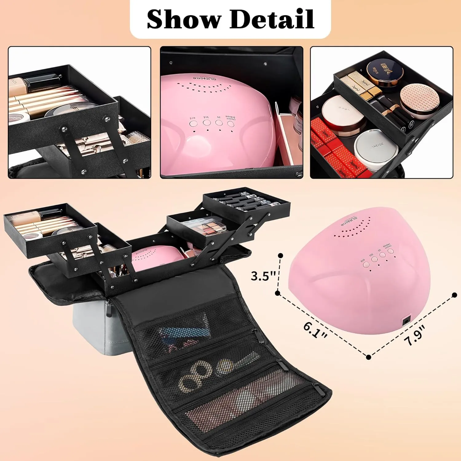 Makeup Travel Train Case, Black Makeup Carrying Organizer Bag, 4 Tier Professional Organizer Case with Straps Pockets for Make Up Nail Tools