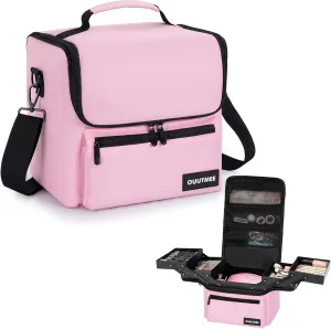 Makeup Travel Train Case, Black Makeup Carrying Organizer Bag, 4 Tier Professional Organizer Case with Straps Pockets for Make Up Nail Tools