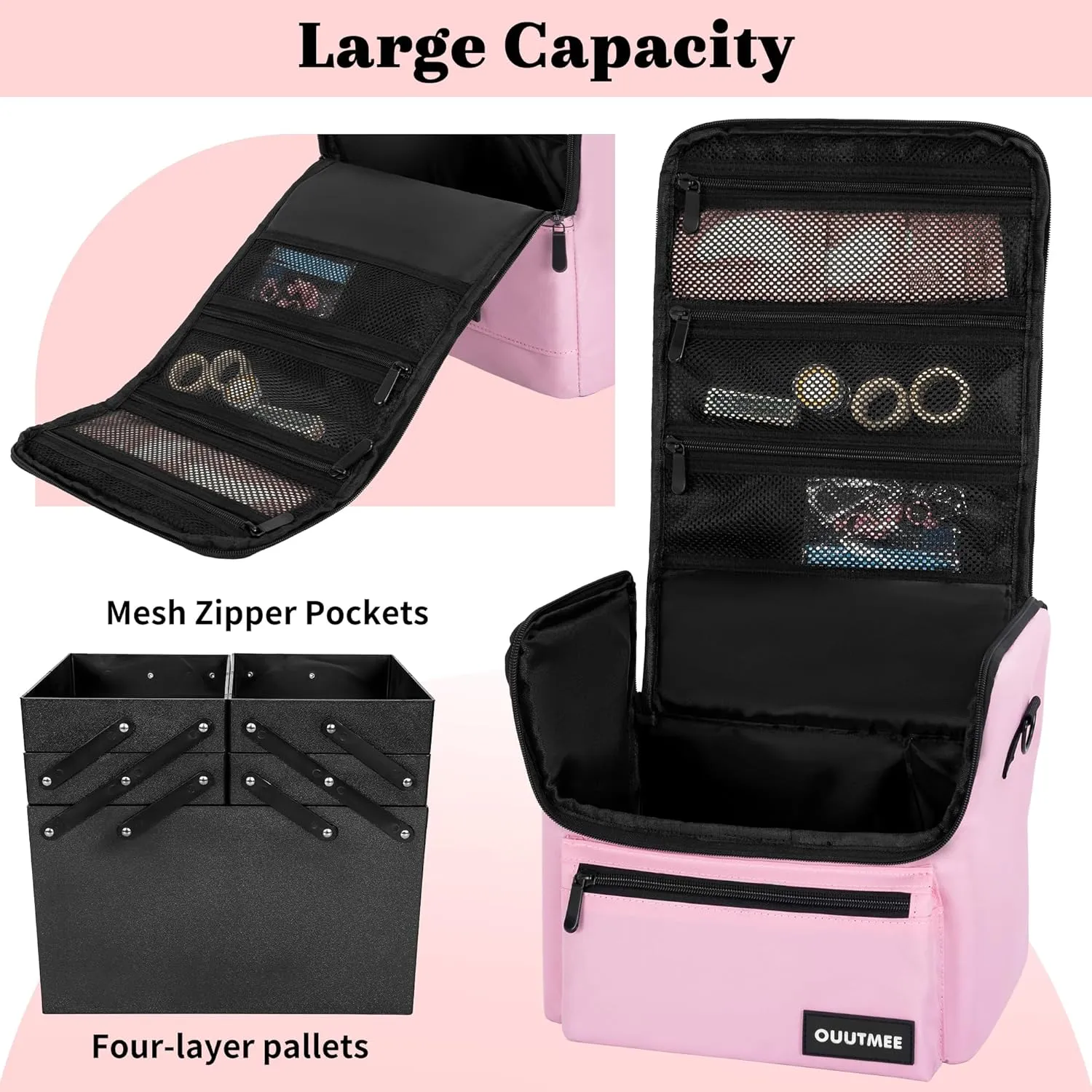 Makeup Travel Train Case, Black Makeup Carrying Organizer Bag, 4 Tier Professional Organizer Case with Straps Pockets for Make Up Nail Tools