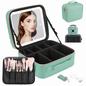 Makeup Bag Organizer with LED Mirror, Portable Cosmetic Train Case Lighted Mirror, Travel Make Up Box Adjustable Dividers, Brush Holder Storage for Women, Green