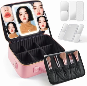 Makeup Bag with LED 1X5X10X20X30X Magnifying Mirror and Travel Makeup Train Case Cosmetic Organiser with LED Mirror and Separate Makeup Brush Panel, Portable Adjustable Divider Storage Bag, Pink