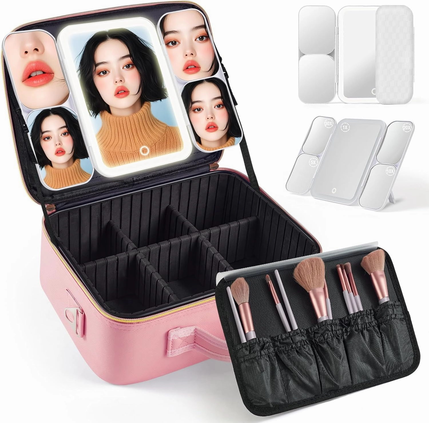 Makeup Bag with LED 1X5X10X20X30X Magnifying Mirror and Travel Makeup Train Case Cosmetic Organiser with LED Mirror and Separate Makeup Brush Panel, Portable Adjustable Divider Storage Bag, Pink