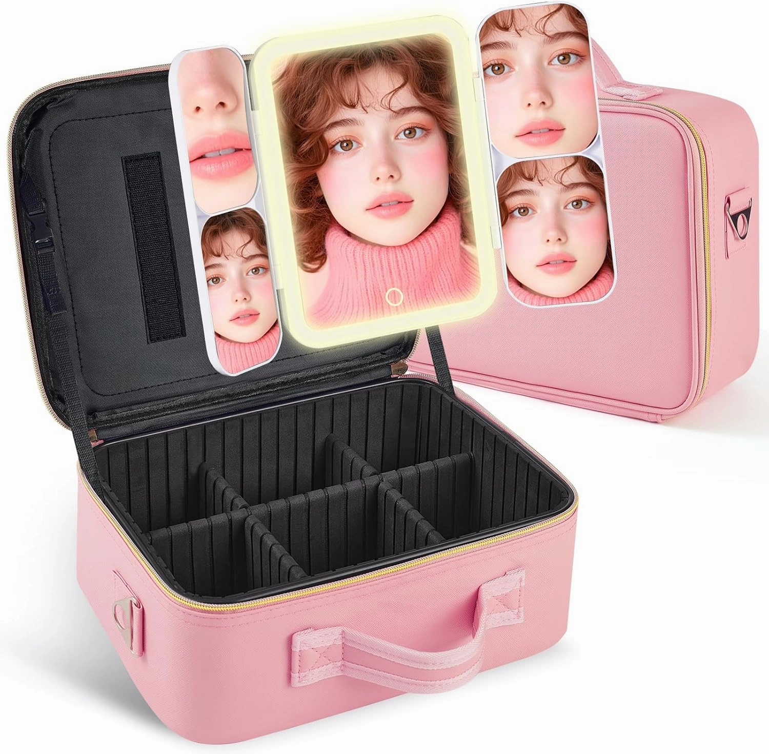 Makeup Bag with LED 1X5X10X20X30X Magnifying Mirror and Travel Makeup Train Case Cosmetic Organiser with LED Mirror and Separate Makeup Brush Panel, Portable Adjustable Divider Storage Bag, Pink