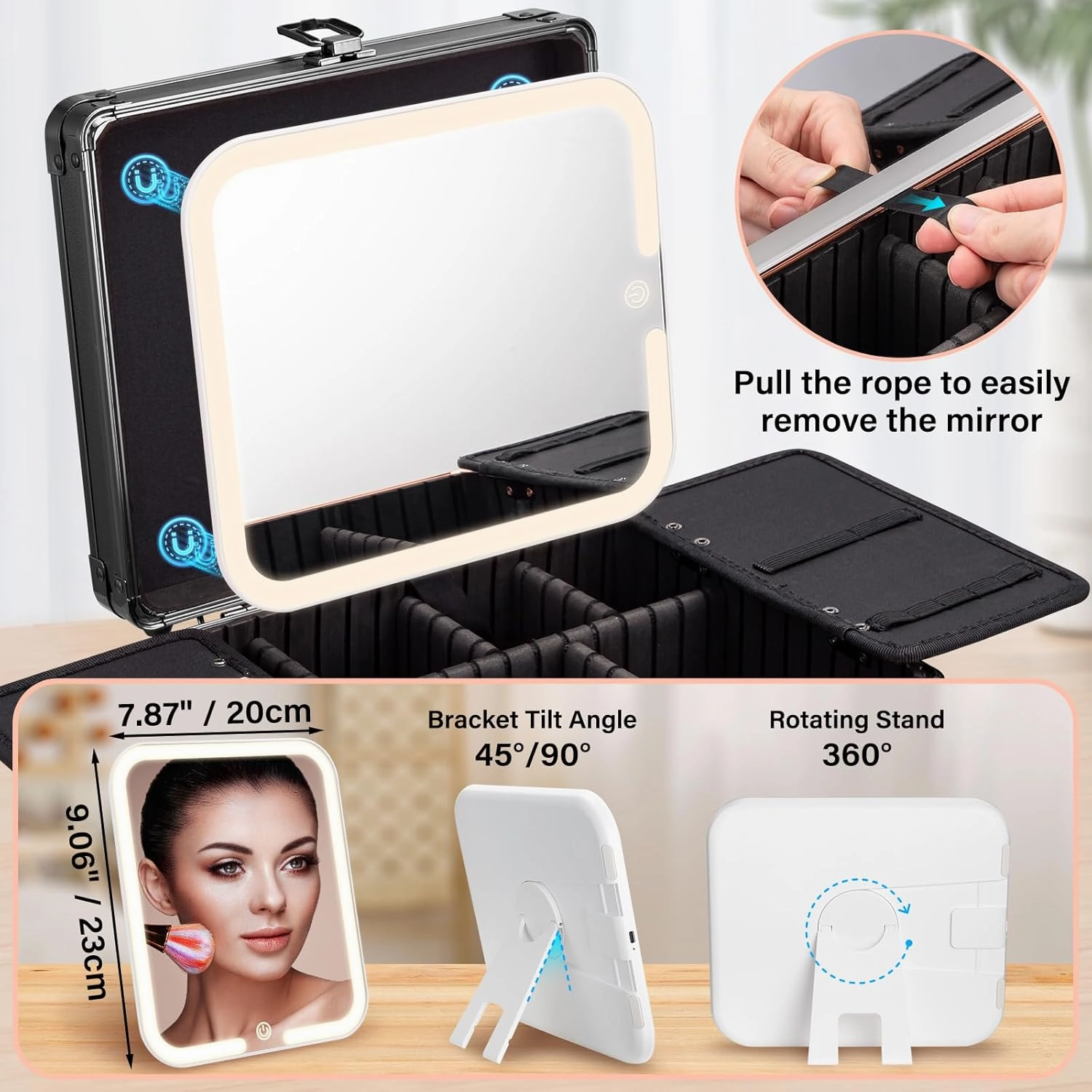 Makeup Box with A Detachable Magnetic Led Mirror, Portable Artist Suitcase Makeup Bag with Adjustable Dividers, Waterproof Travel Cosmetic Case Cosmetic Train Bag for Brush Holder Beauty Tools Storage