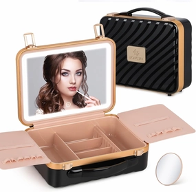 Makeup Box with Lighted Mirror Travel Train Case Cosmetic Organizer and Makeup Suitcase with Adjustable Dividers and 5X Mirror (Black)