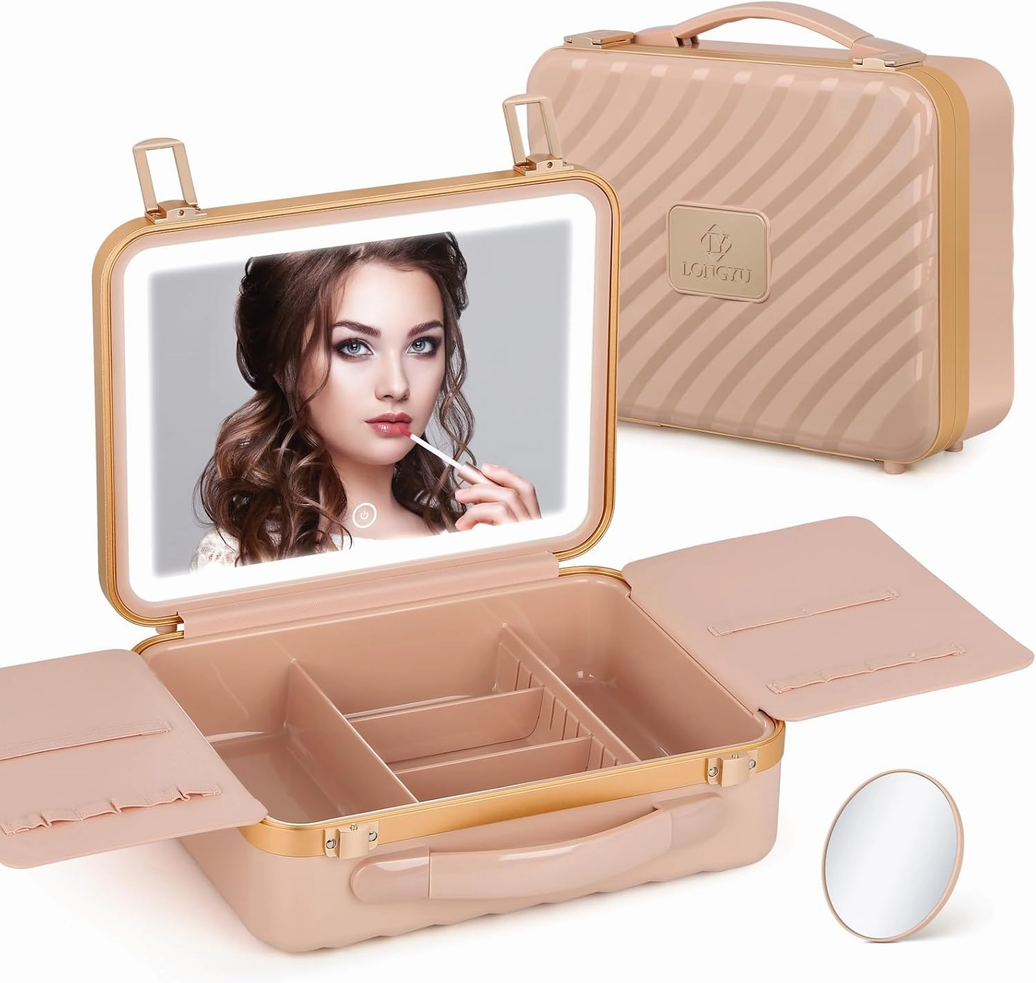 Makeup Box with Lighted Mirror Travel Train Case Cosmetic Organizer and Makeup Suitcase with Adjustable Dividers and 5X Mirror (Pink)