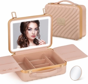 Makeup Box with Lighted Mirror Travel Train Case Cosmetic Organizer and Makeup Suitcase with Adjustable Dividers and 5X Mirror (Pink)