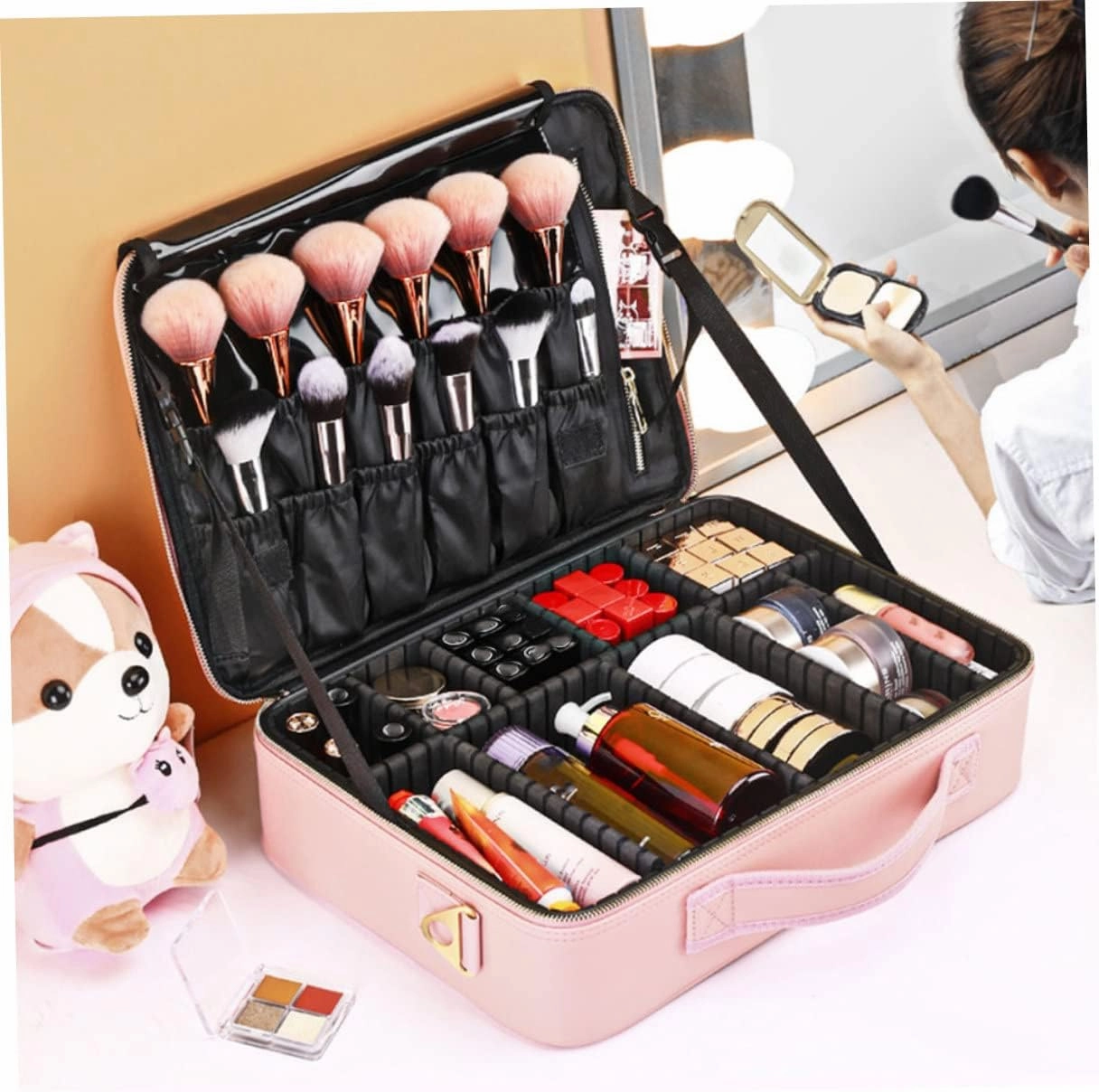 Makeup Case Compartments Large Cosmetics Train Bag Storage with Divider Barber Adjustable Pu Travel, Pink, 26x23cm