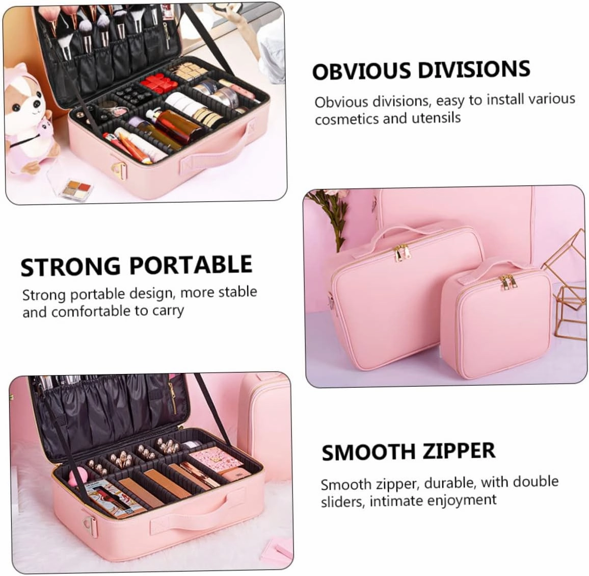 Makeup Case Compartments Large Cosmetics Train Bag Storage with Divider Barber Adjustable Pu Travel, Pink, 26x23cm