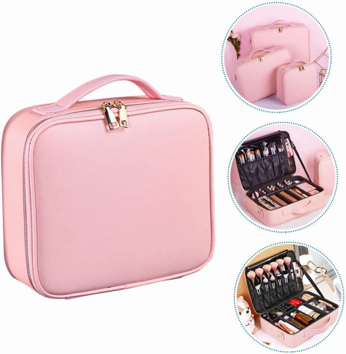 Makeup Case Compartments Large Cosmetics Train Bag Storage with Divider Barber Adjustable Pu Travel, Pink, 26x23cm