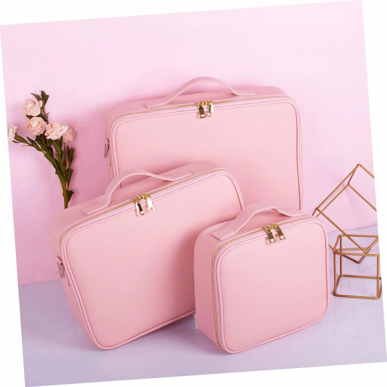 Makeup Case Compartments Large Cosmetics Train Bag Storage with Divider Barber Adjustable Pu Travel, Pink, 26x23cm