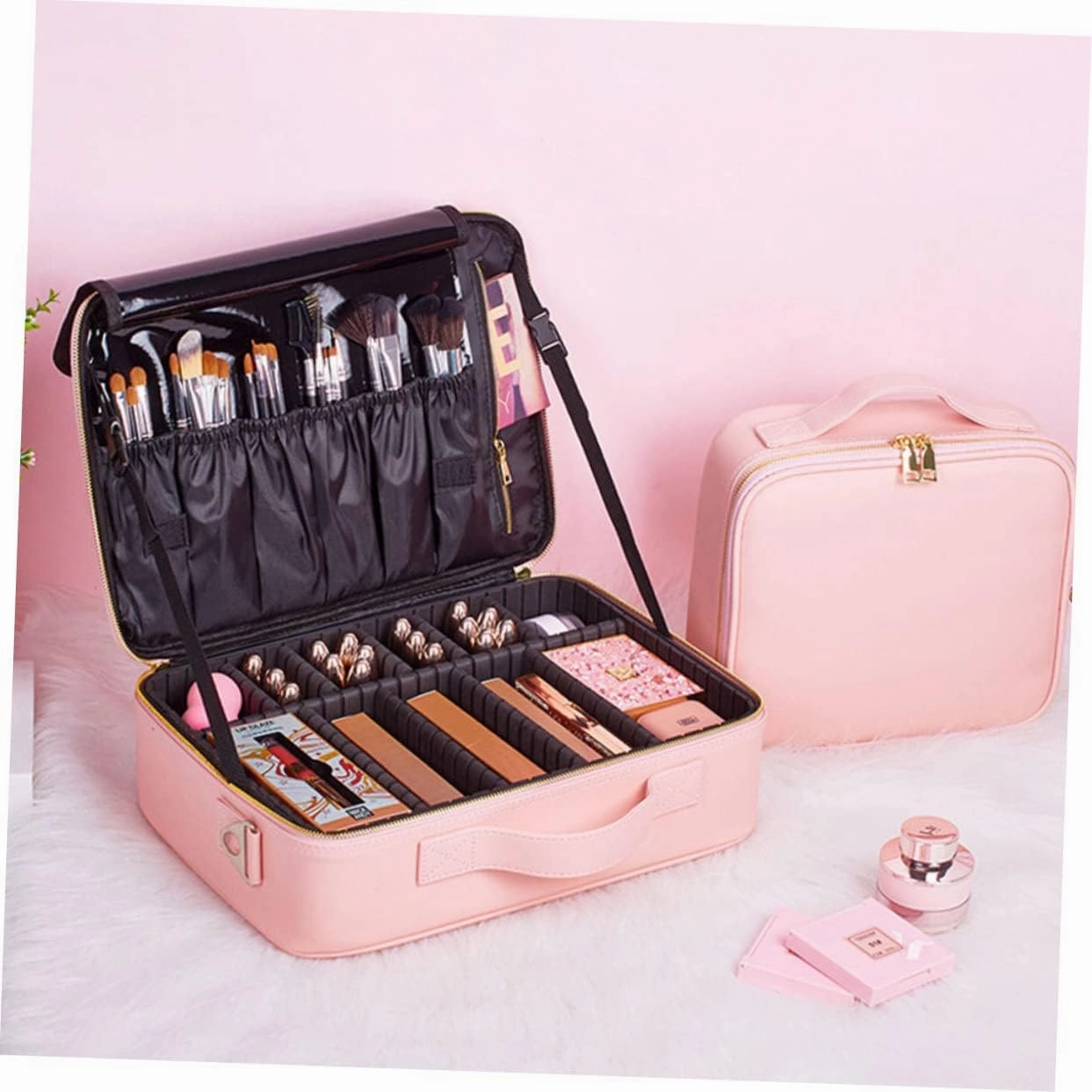 Makeup Case Compartments Large Cosmetics Train Bag Storage with Divider Barber Adjustable Pu Travel, Pink, 26x23cm