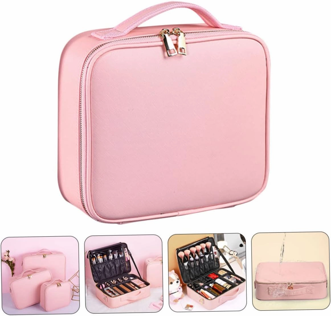 Makeup Case Compartments Large Cosmetics Train Bag Storage with Divider Barber Adjustable Pu Travel, Pink, 26x23cm